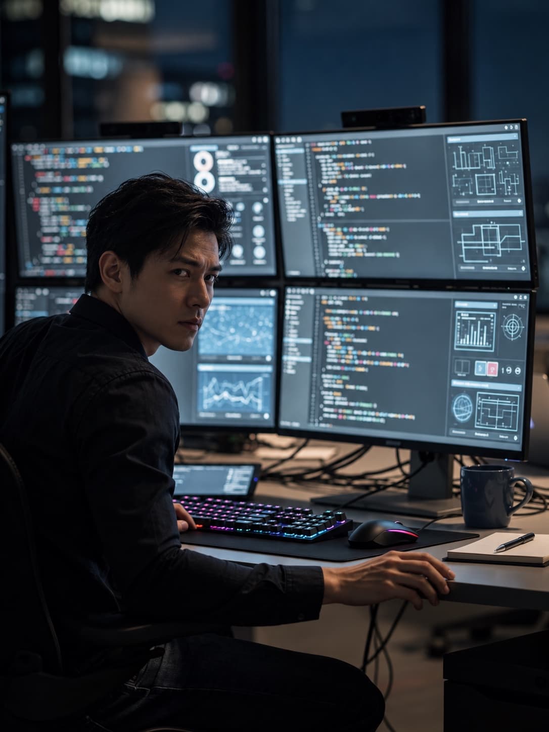 An engineer working at a desk with several monitors showing code