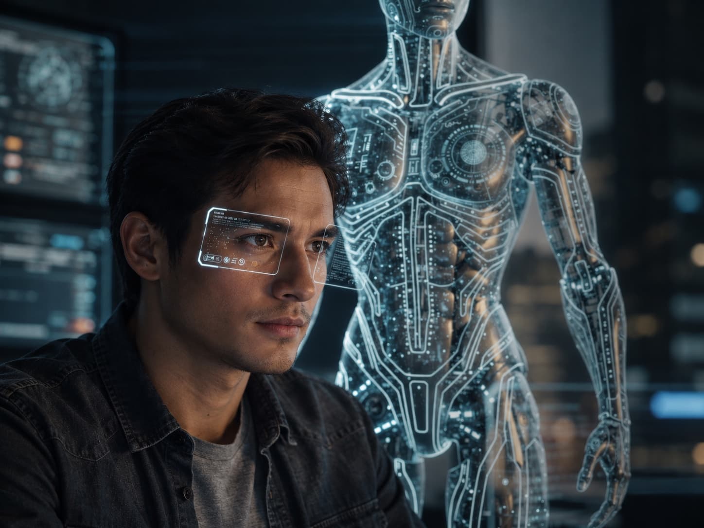 A person beside a transparent outline of an AI figure