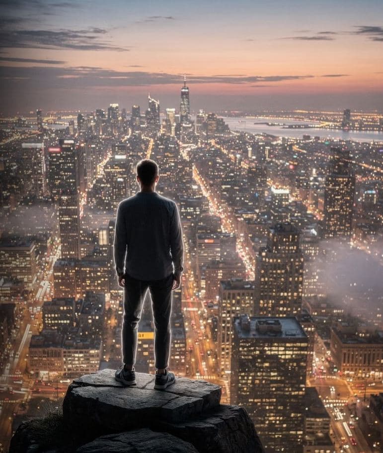 A person standing on a high ledge looking over a city at dusk
